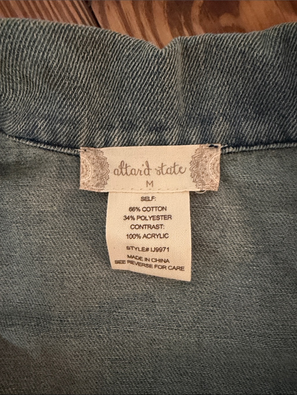 Altar'd State Blue Denim Jacket with Multi-Color Striped knit Bell Sleeves - Picture 3 of 4